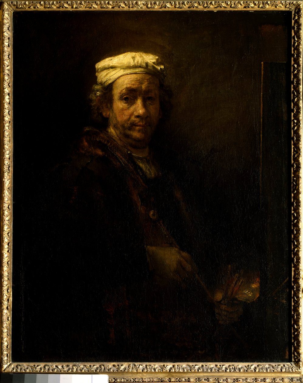 Självporträtt vid staffliet. Målning av Rembrandt Harmenszoon van Rijn dit Rembrandt (1606-1669) Ec. Ihålig. av Rembrandt van Rijn