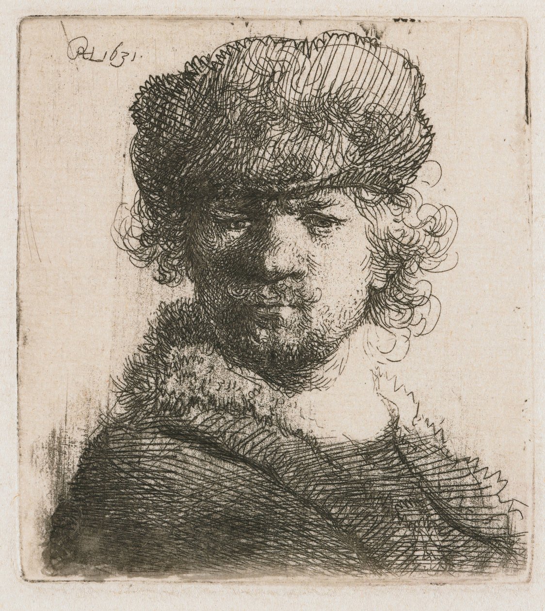 Självporträtt i en kraftig pälsmössa Självporträtt i tung pälsmössa: byst av Rembrandt van Rijn