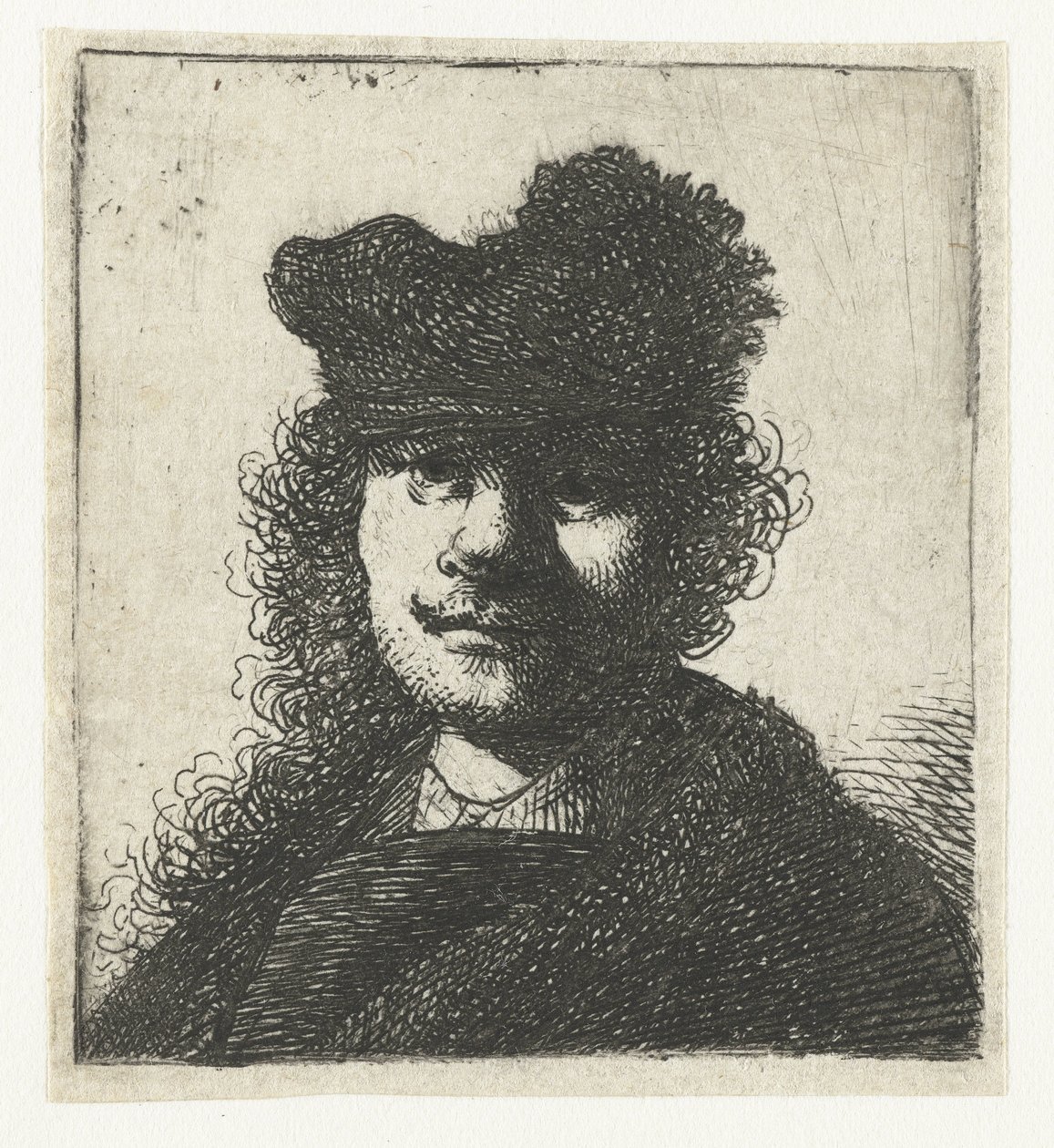 Självporträtt i keps och mörk kappa: byst av Rembrandt van Rijn