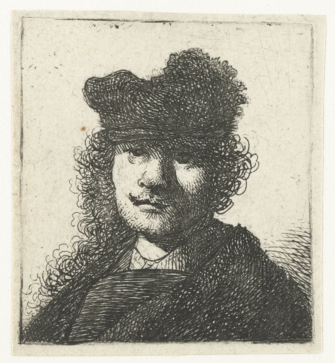 Självporträtt i keps och mörk kappa: byst av Rembrandt van Rijn