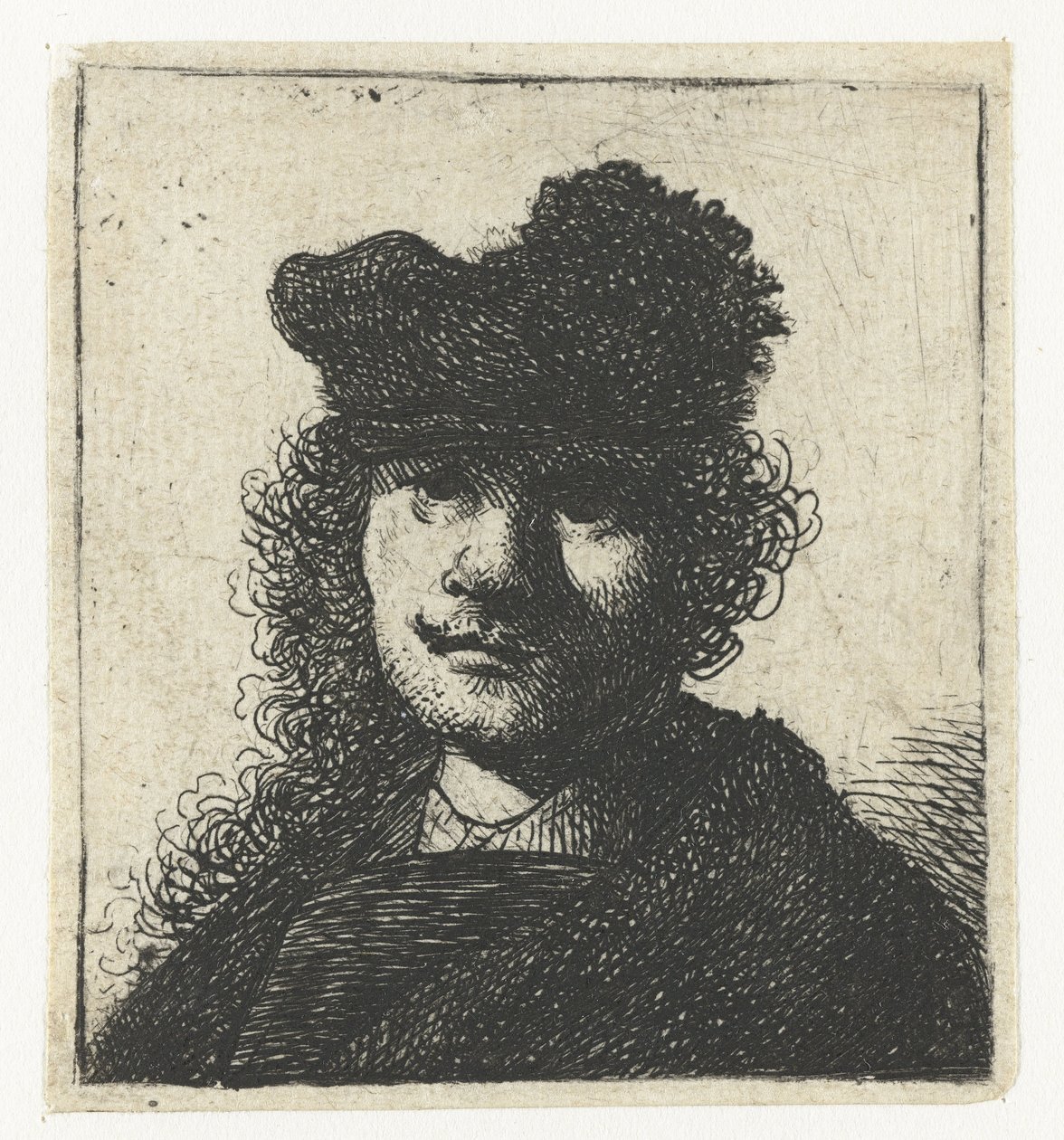 Självporträtt i keps och mörk kappa: byst av Rembrandt van Rijn
