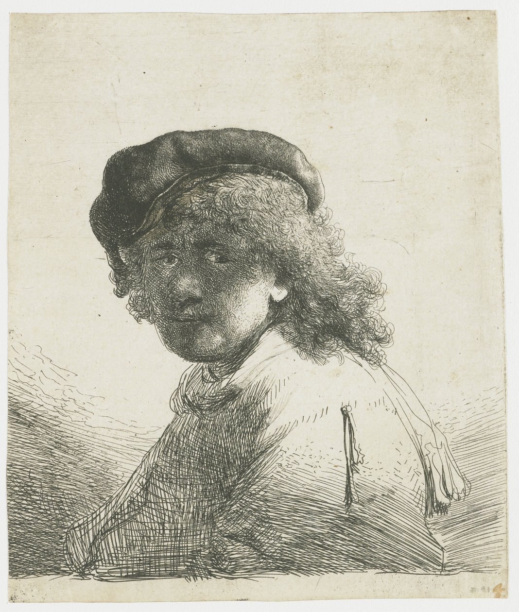 Självporträtt i keps och halsduk med ansiktet mörkt: byst av Rembrandt van Rijn