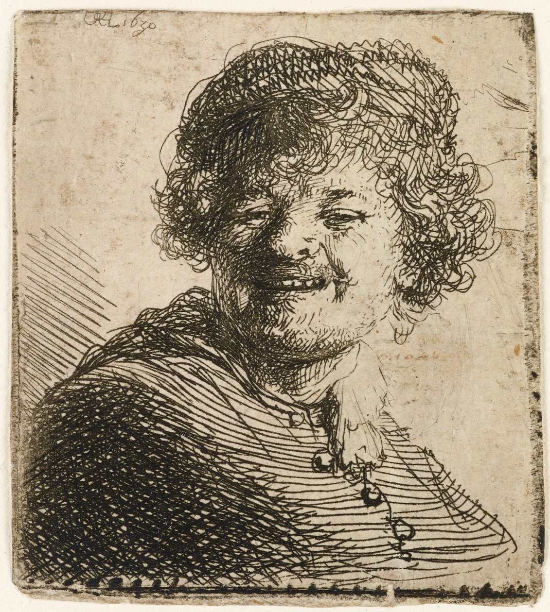 Självporträtt i keps: skrattar, 1630. av Rembrandt van Rijn