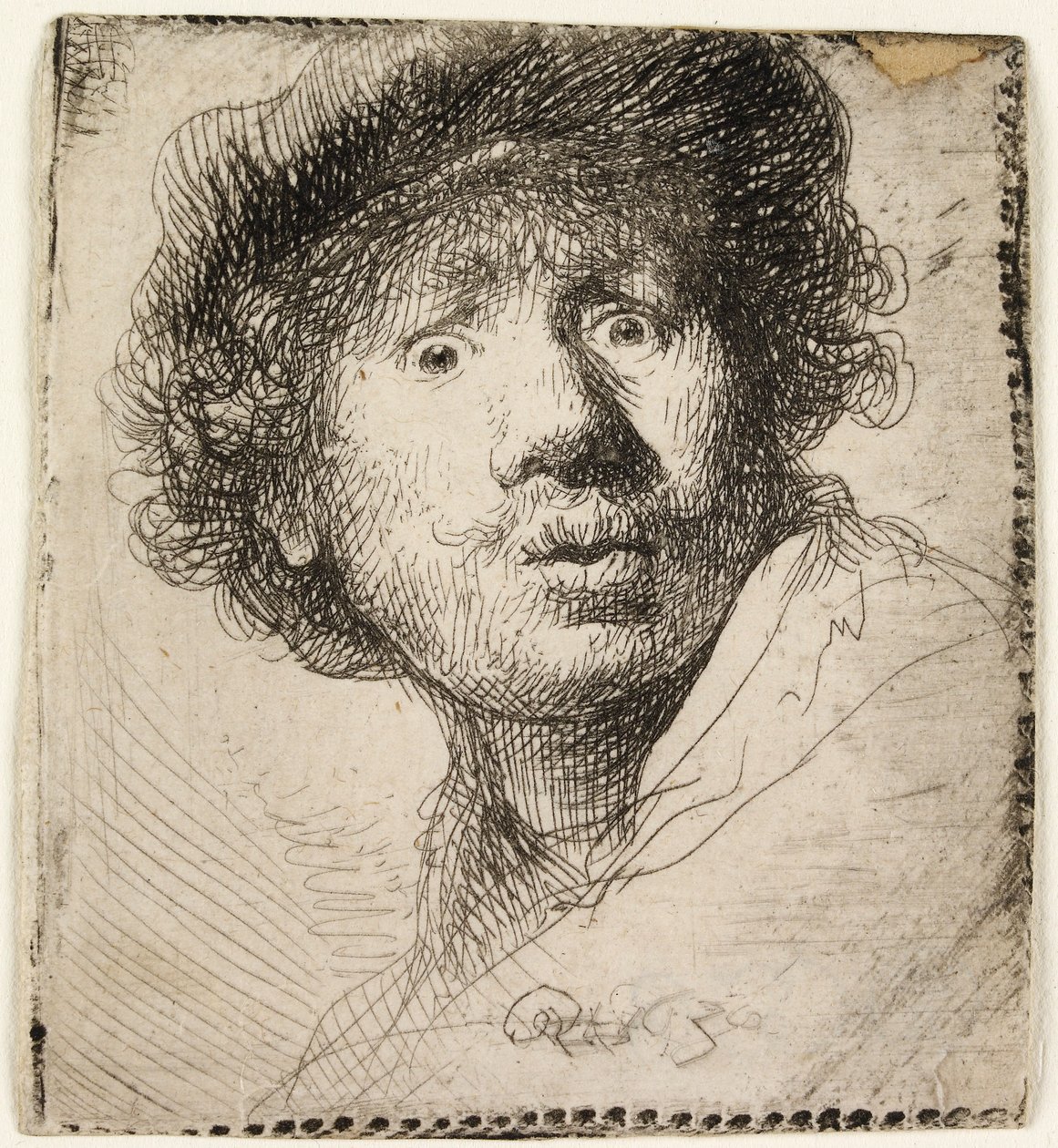 Självporträtt i mössa: öppen mun, 1630. av Rembrandt van Rijn