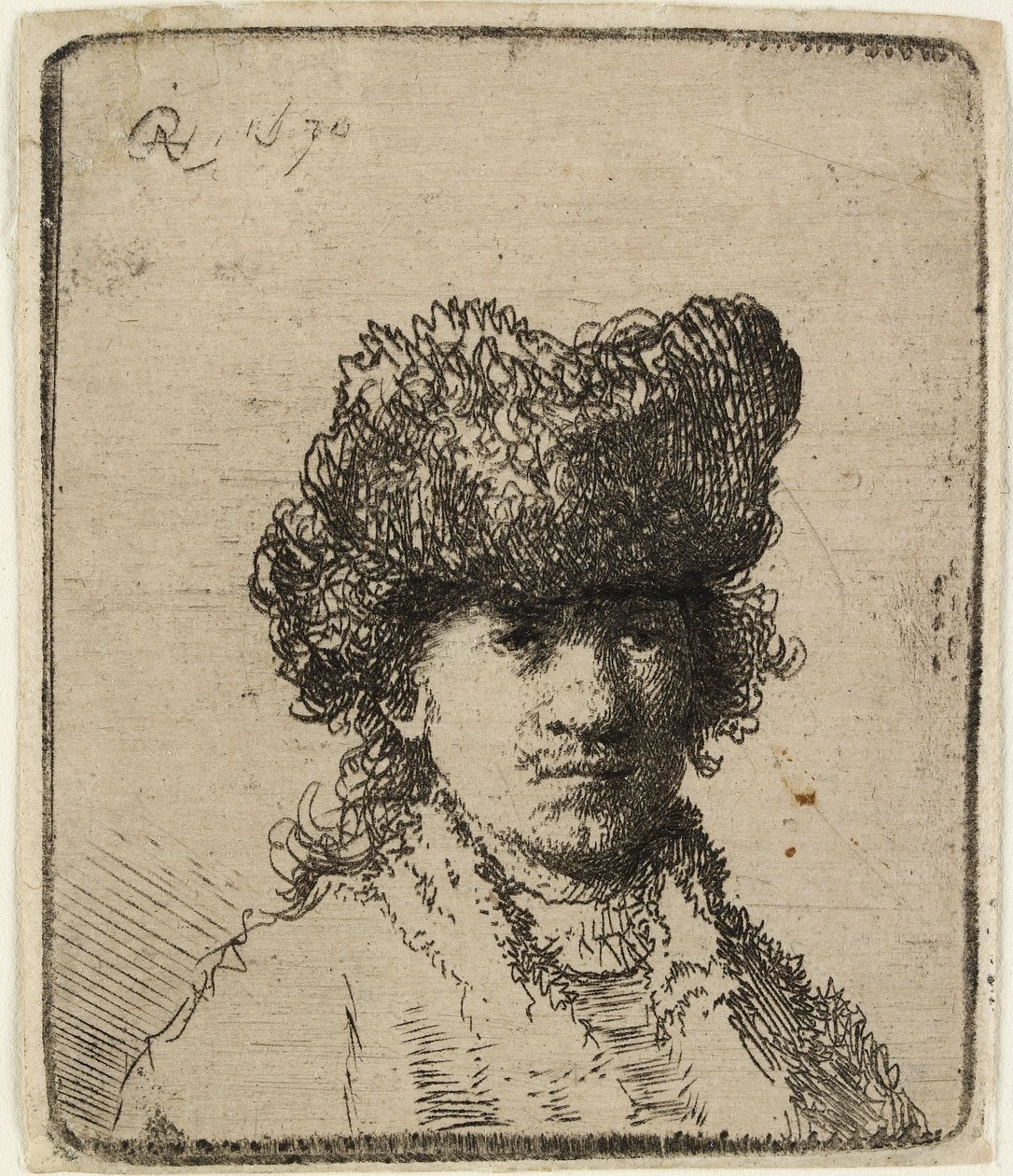 Självporträtt i pälsmössa: byst, 1630. av Rembrandt van Rijn