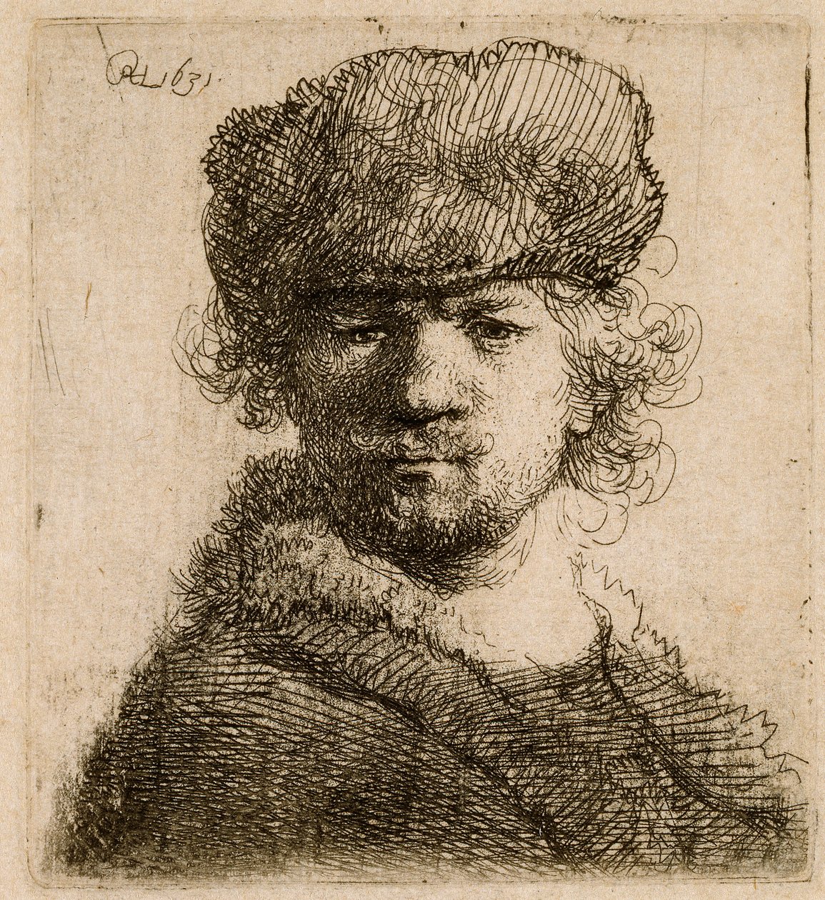 Självporträtt i tung pälsmössa: byst, 1631. av Rembrandt van Rijn