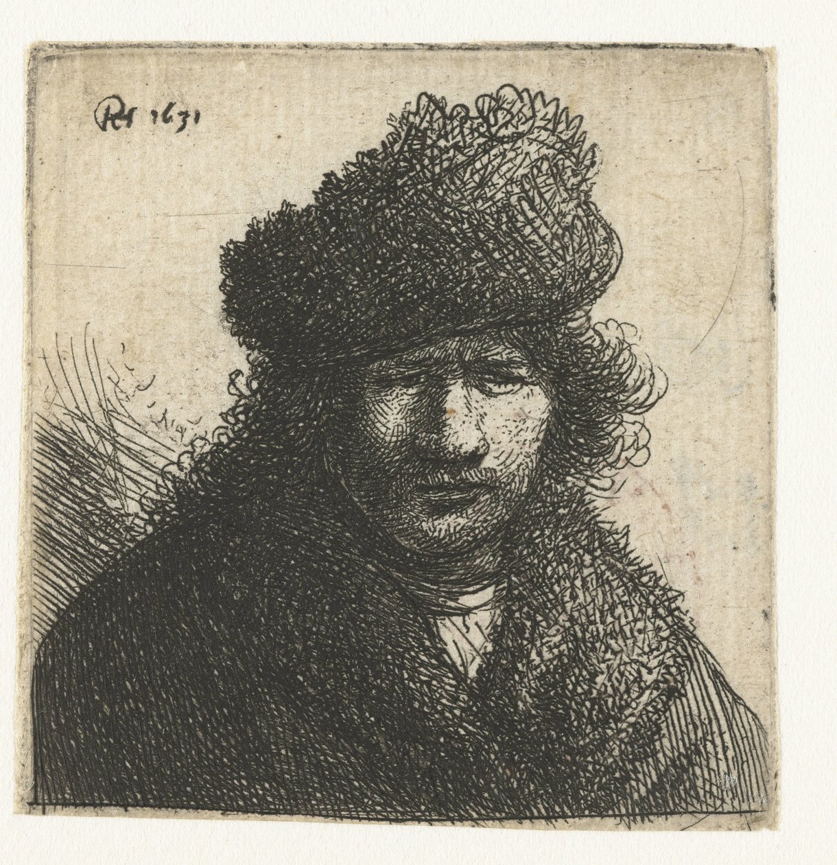 Självporträtt i sned pälsmössa: byst av Rembrandt van Rijn