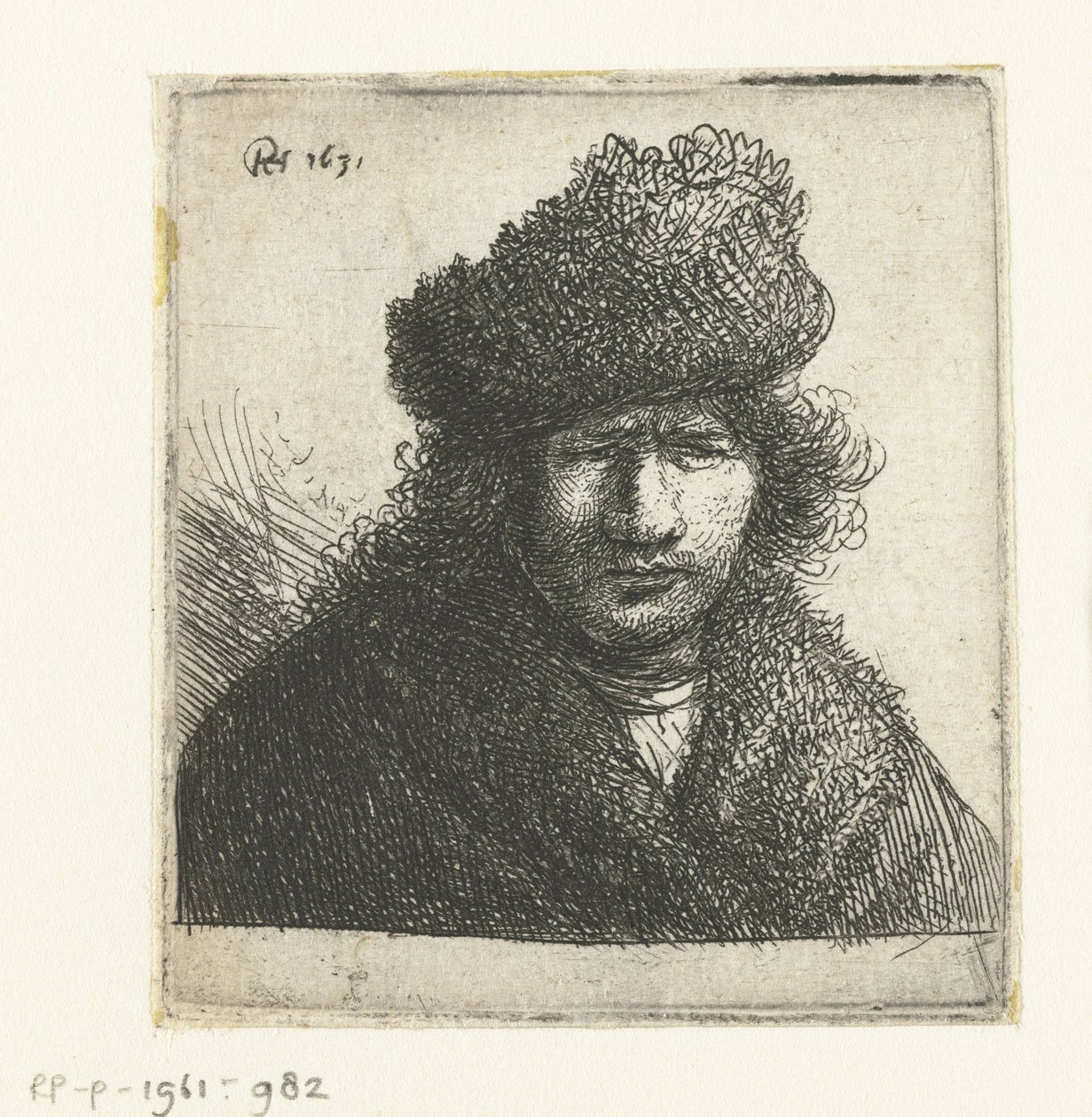 Självporträtt i sned pälsmössa: byst av Rembrandt van Rijn