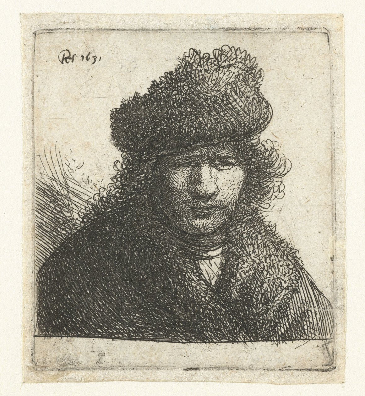 Självporträtt i sned pälsmössa: byst av Rembrandt van Rijn