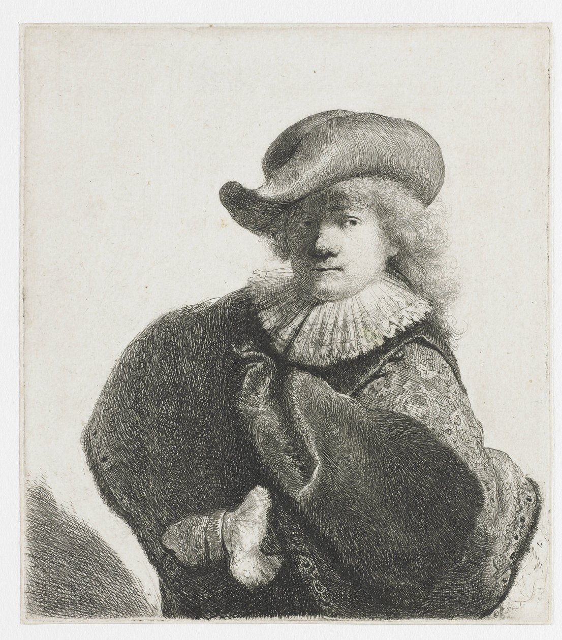 Självporträtt i mjuk hatt och mönstrad kappa av Rembrandt van Rijn