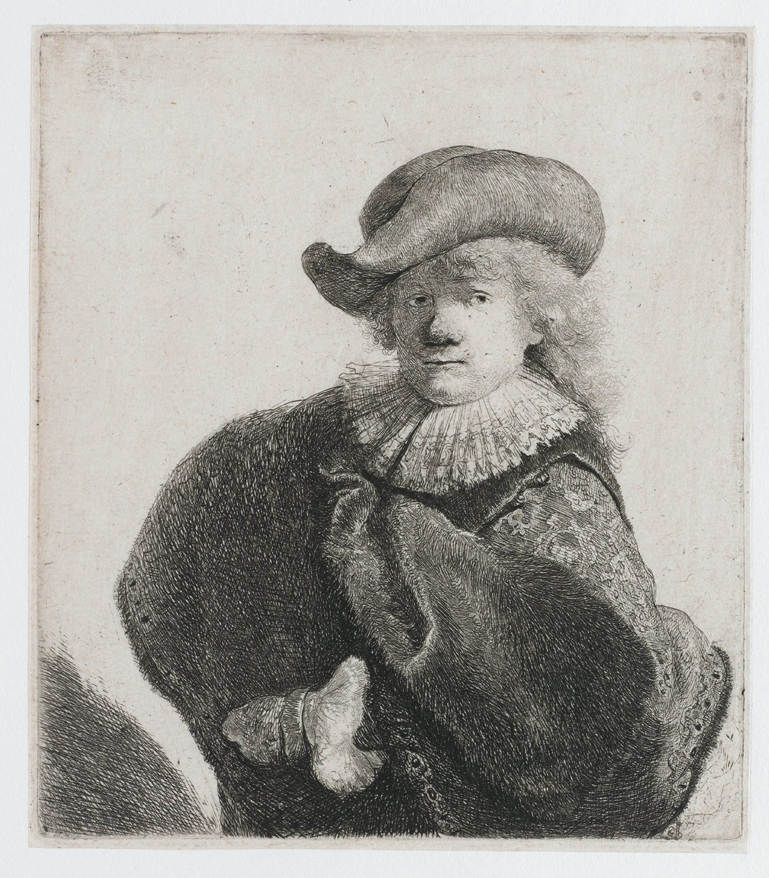 Självporträtt med en mjuk hatt och en mönstrad mantel av Rembrandt van Rijn