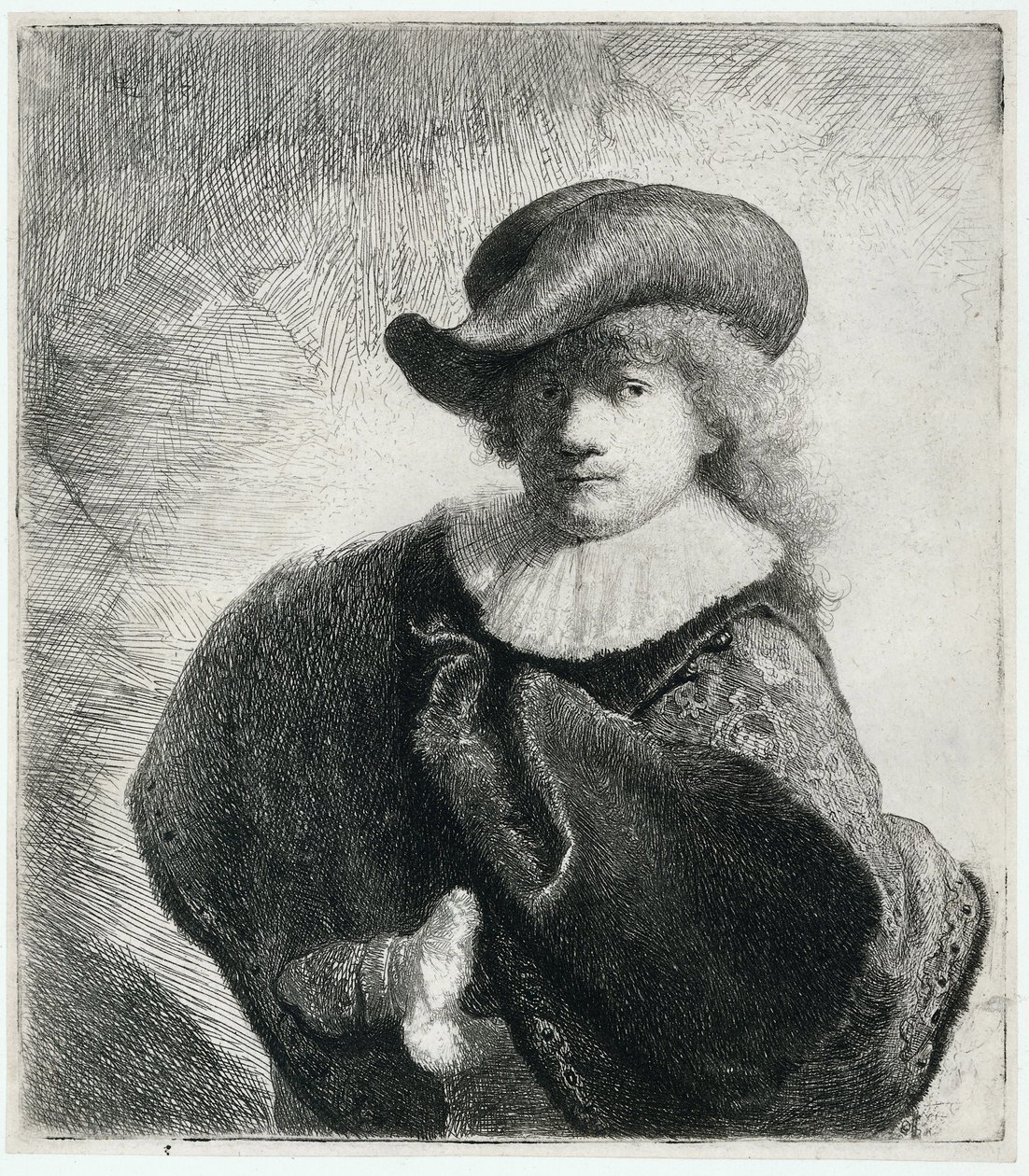 Självporträtt i mjuk hatt och broderad mantel, 1631. av Rembrandt van Rijn