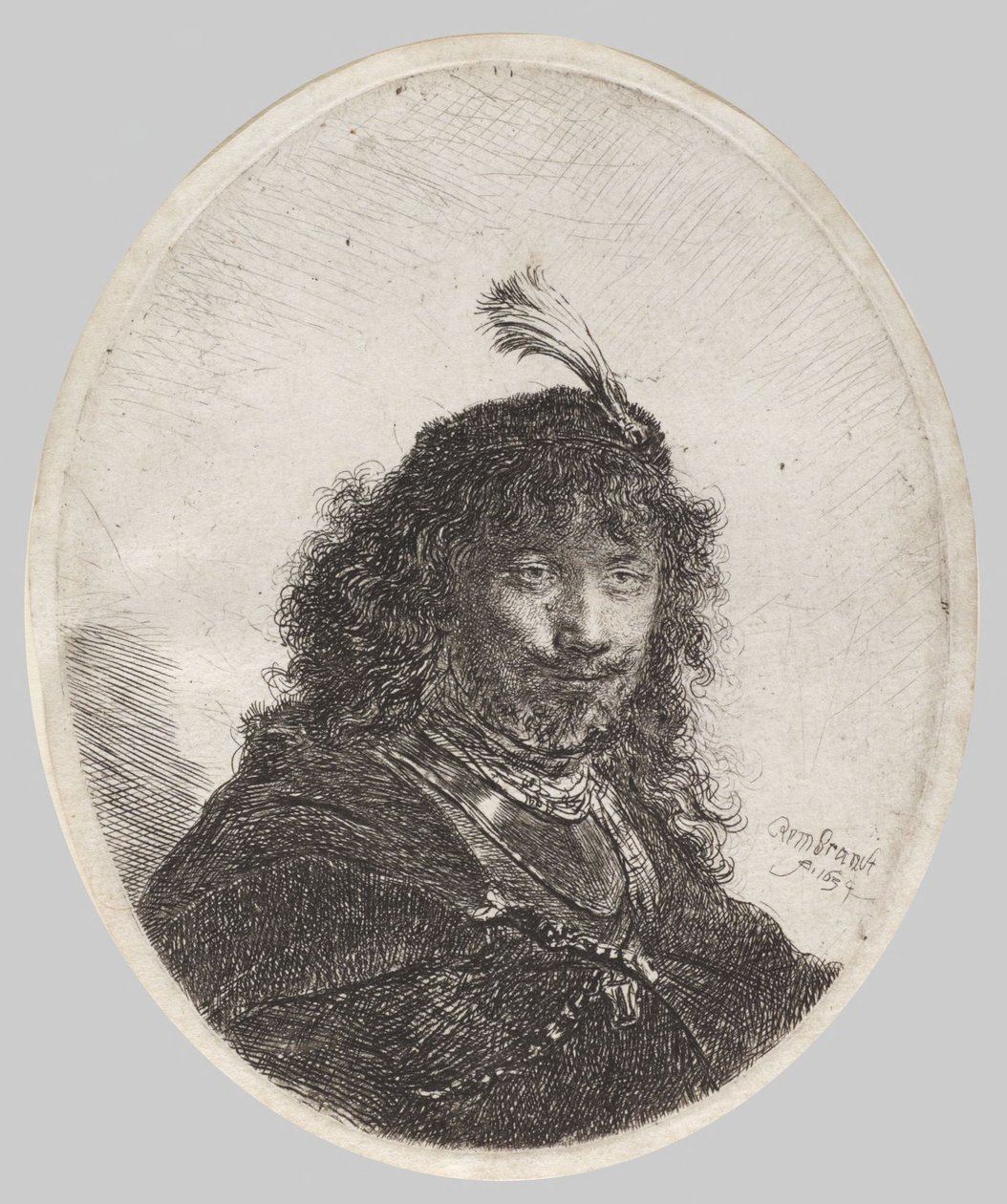 Självporträtt med fjäderprydd mössa och nedsänkt sabel av Rembrandt van Rijn