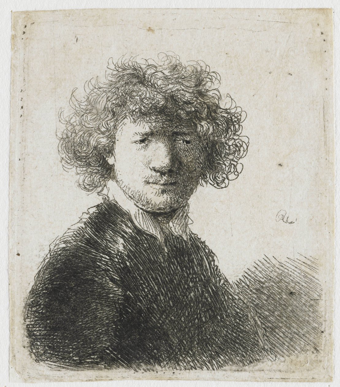 Självporträtt med lockigt hår och vit krage: byst av Rembrandt van Rijn
