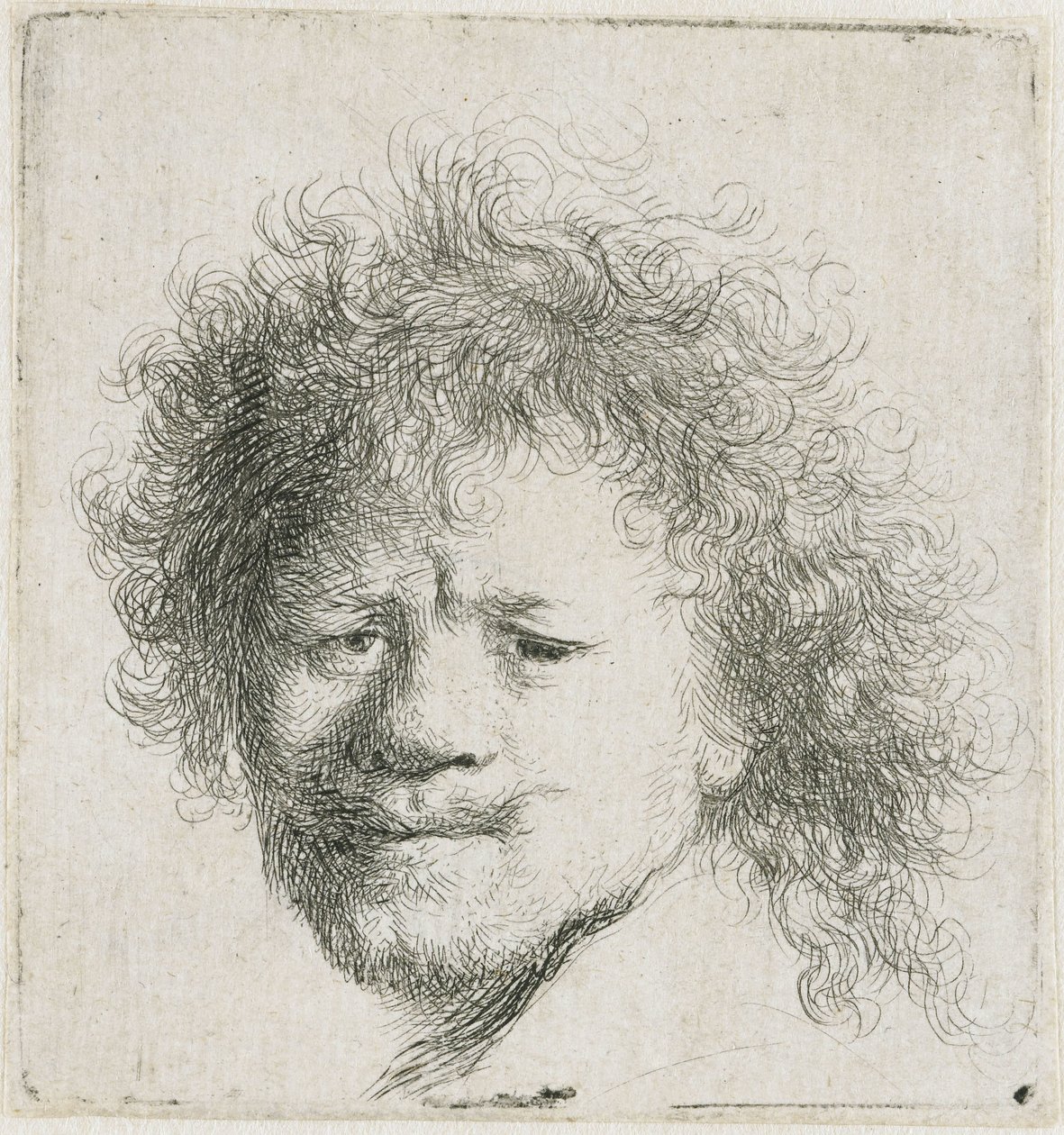 Självporträtt med långt, fylligt hår: endast huvudet av Rembrandt van Rijn