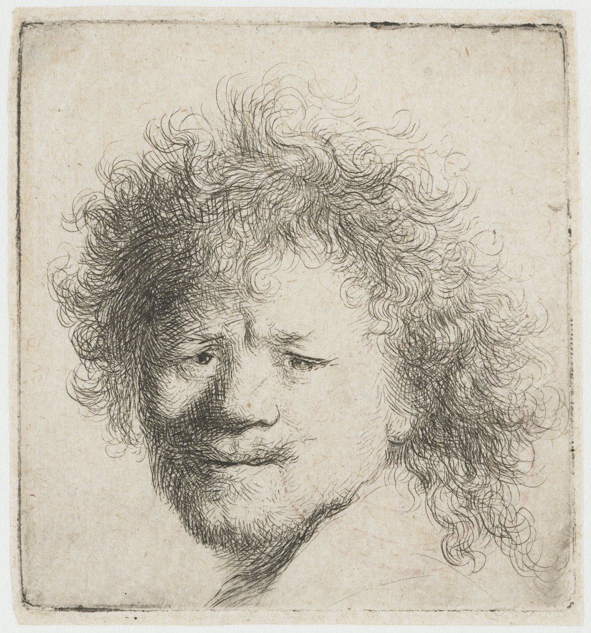 Självporträtt med långt, fylligt hår: endast huvudet av Rembrandt van Rijn