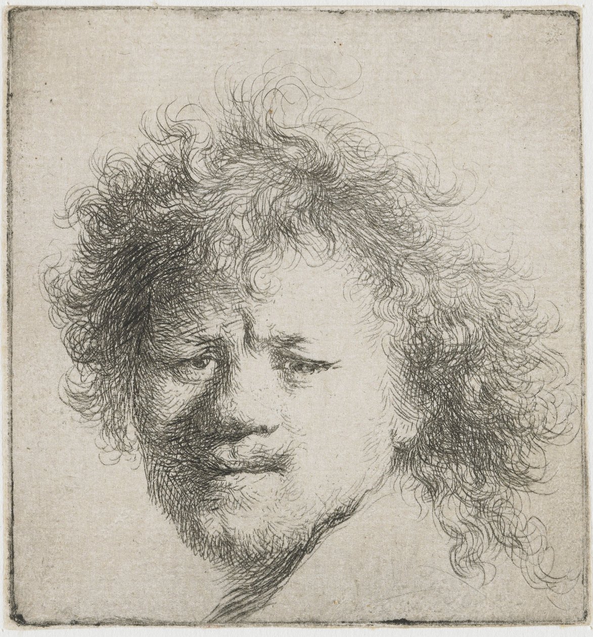Självporträtt med långt buskigt hår: endast huvud, ca 1631. av Rembrandt van Rijn