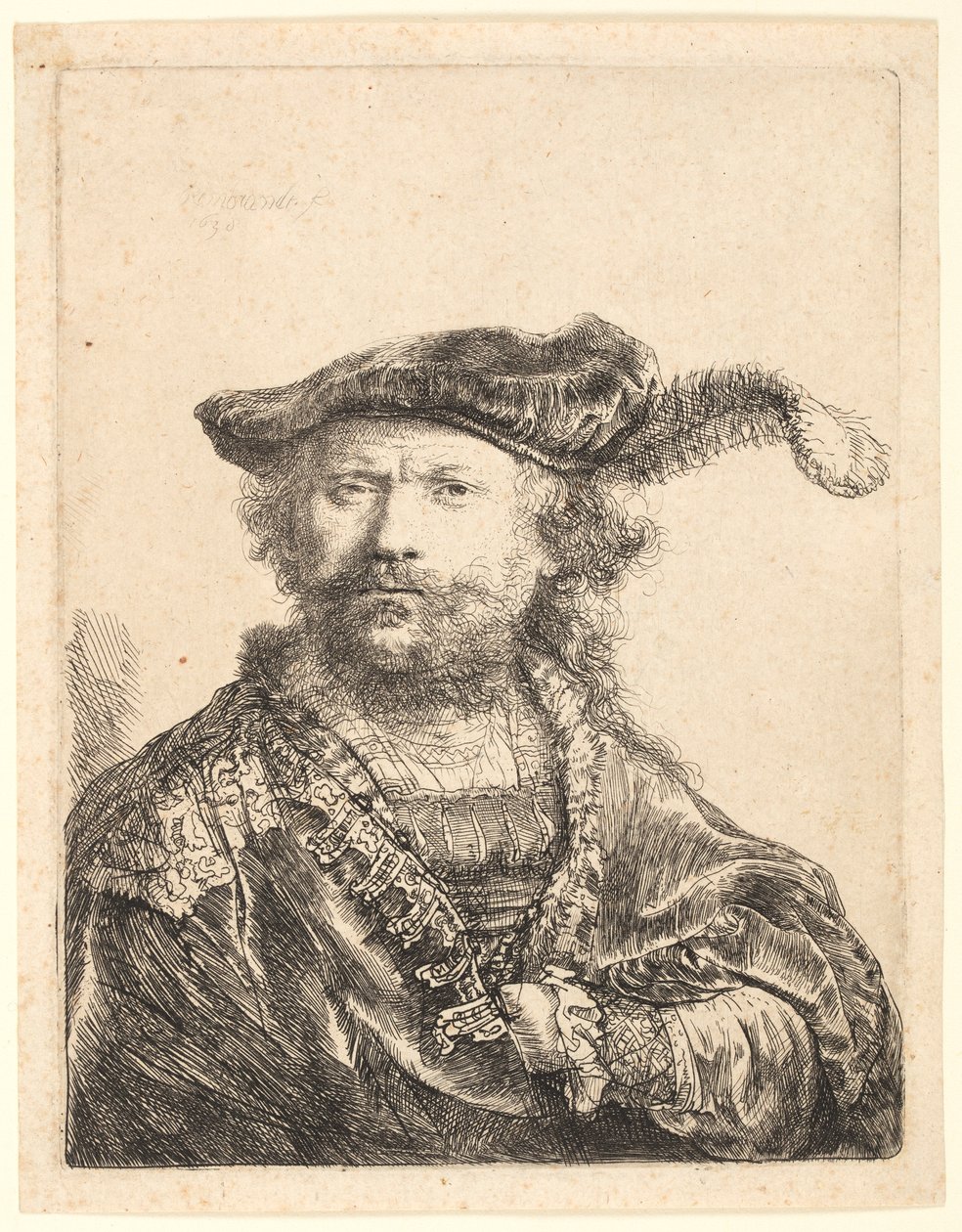 Självporträtt i sammetsmössa med plym av Rembrandt van Rijn