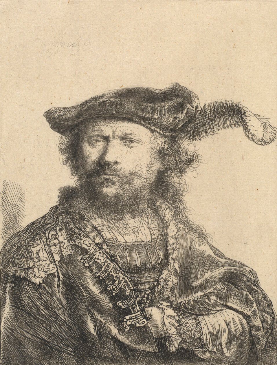 Självporträtt i sammetsmössa med plym, 1638 av Rembrandt van Rijn