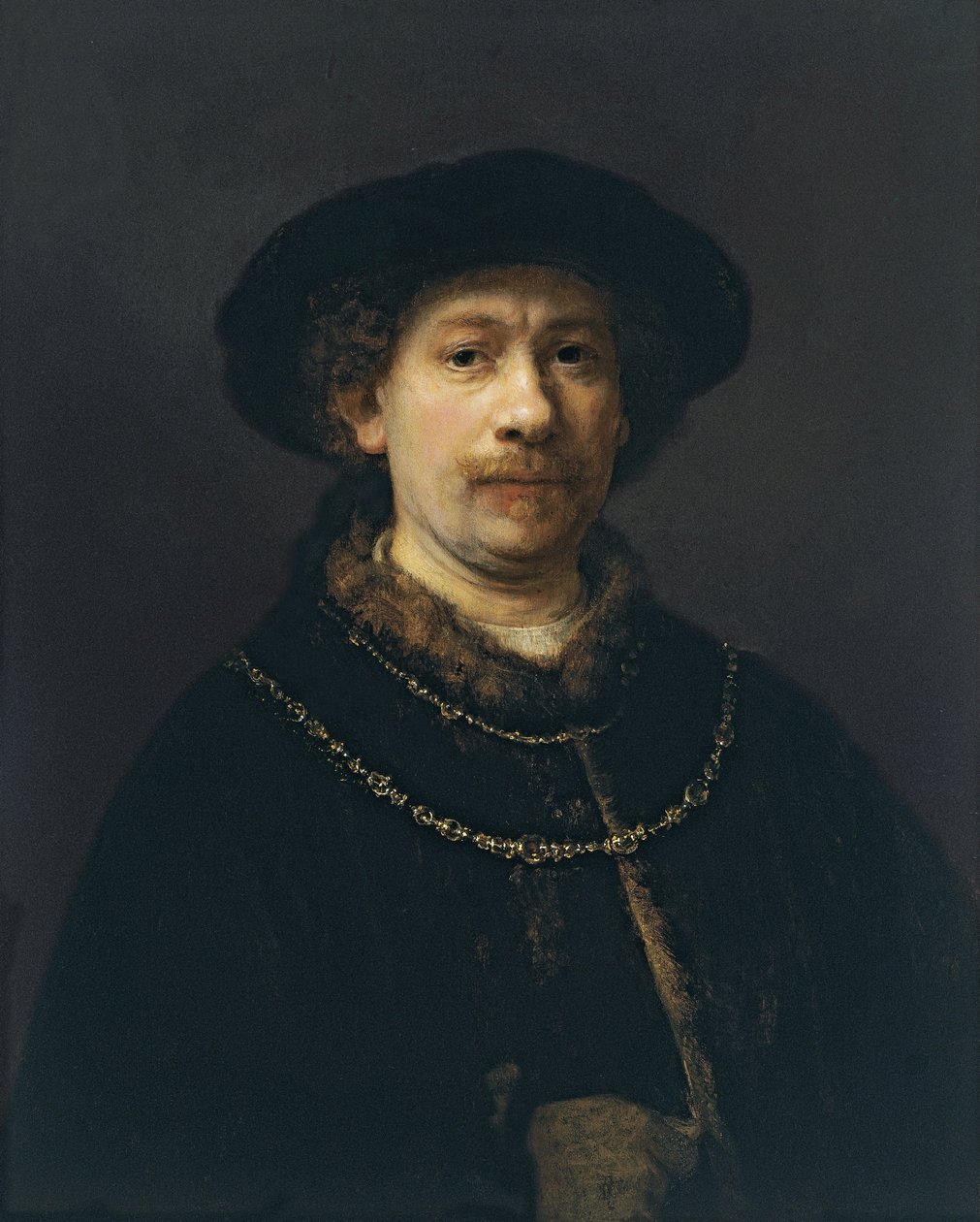 Självporträtt med basker och två guldkedjor, ca 1642 av Rembrandt van Rijn