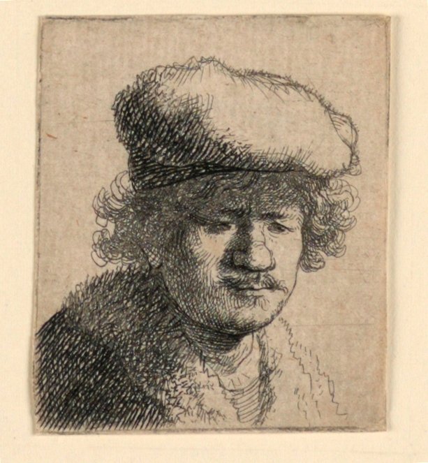 Självporträtt med mössa framdragen av Rembrandt van Rijn