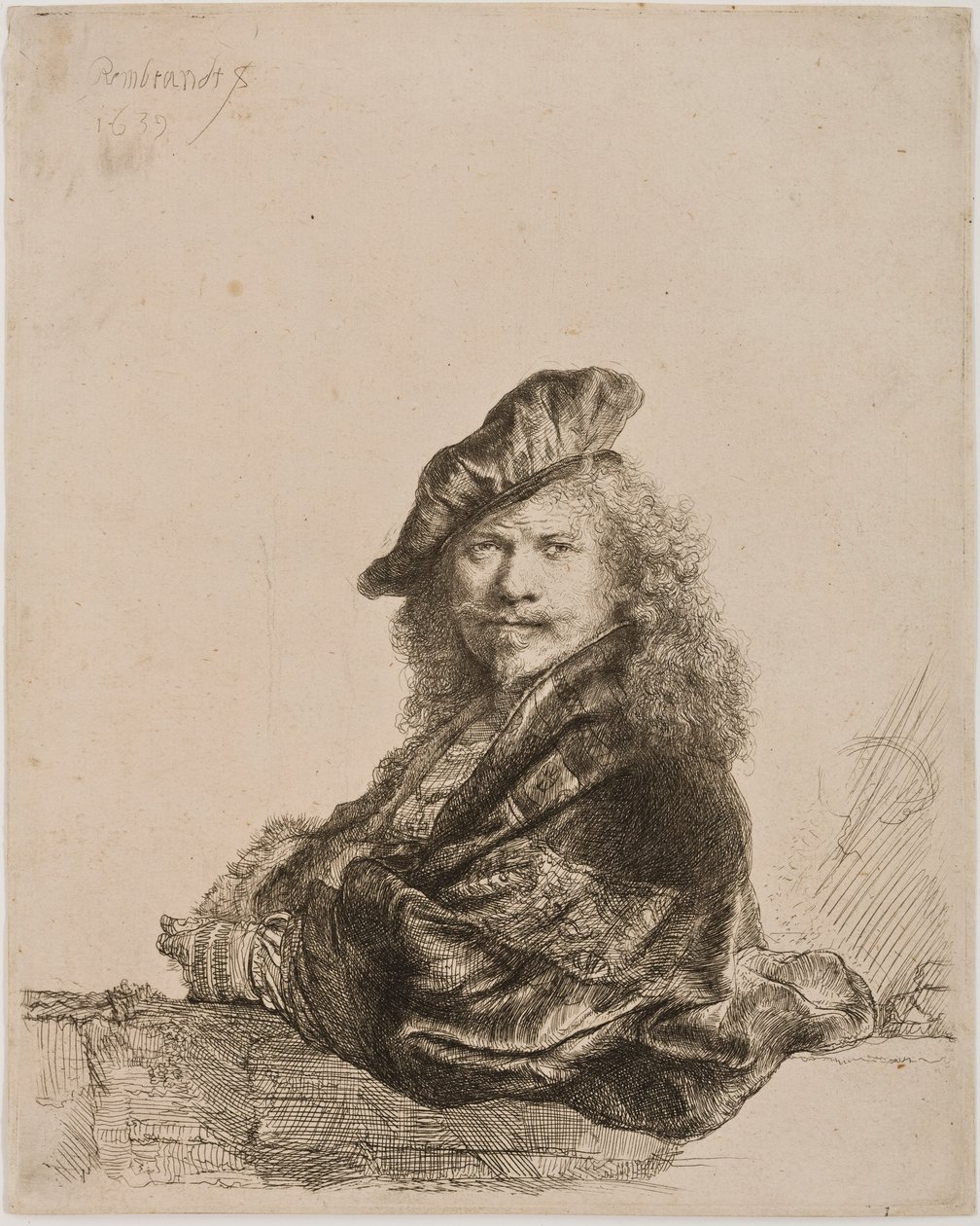 Självporträtt lutad mot en fönsterbräda, 1639 (etsning och torrnål) av Rembrandt van Rijn