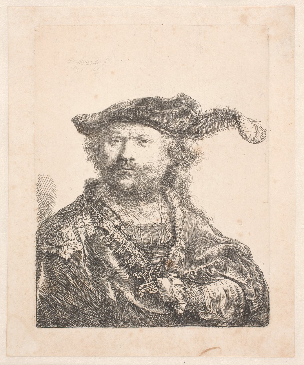 Självporträtt i sammetsmössa och plym, med en broderad klänning: byst av Rembrandt van Rijn