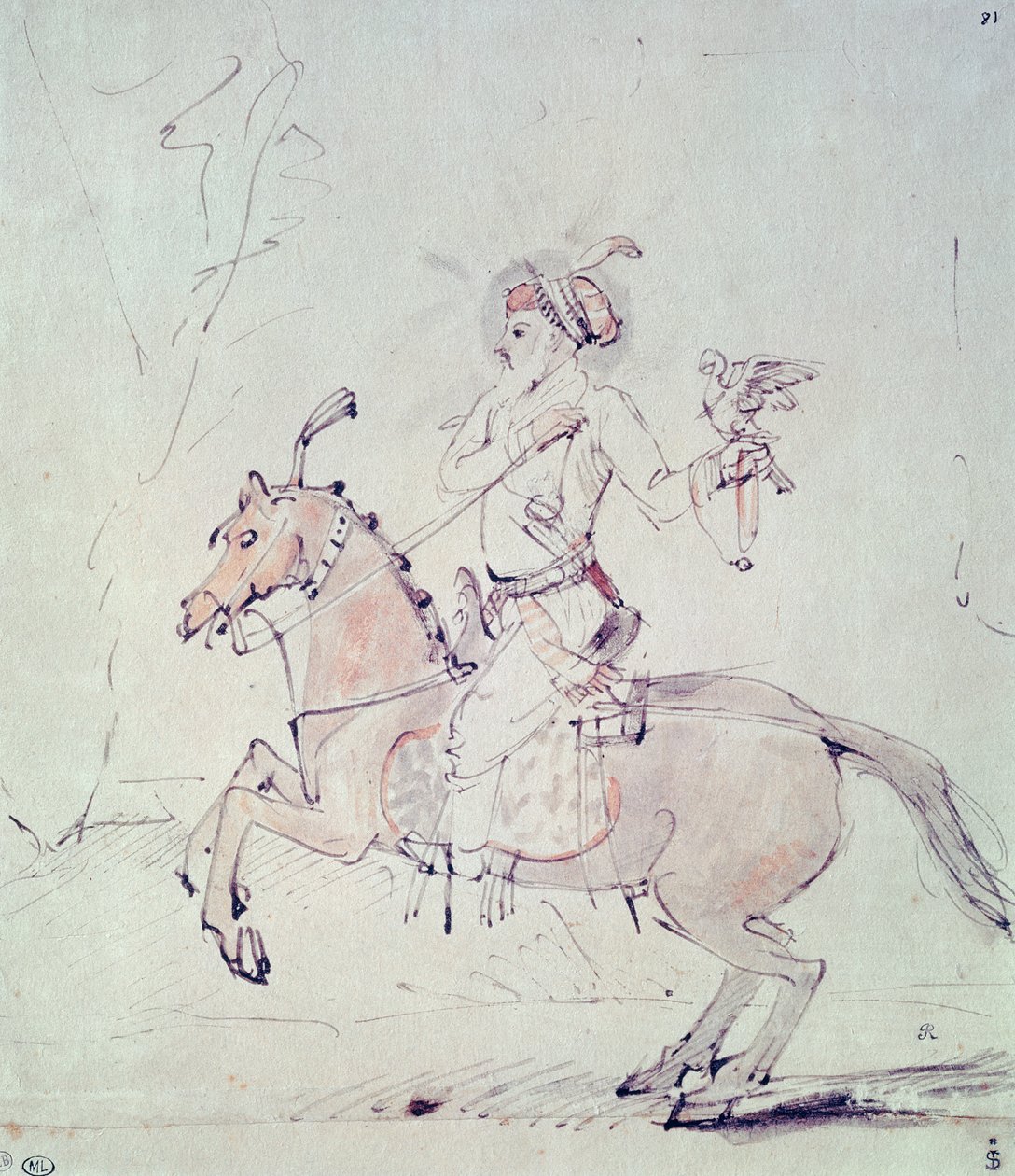 Shah Jehan med falk till häst (penna och bläck och wc på papper) av Rembrandt van Rijn