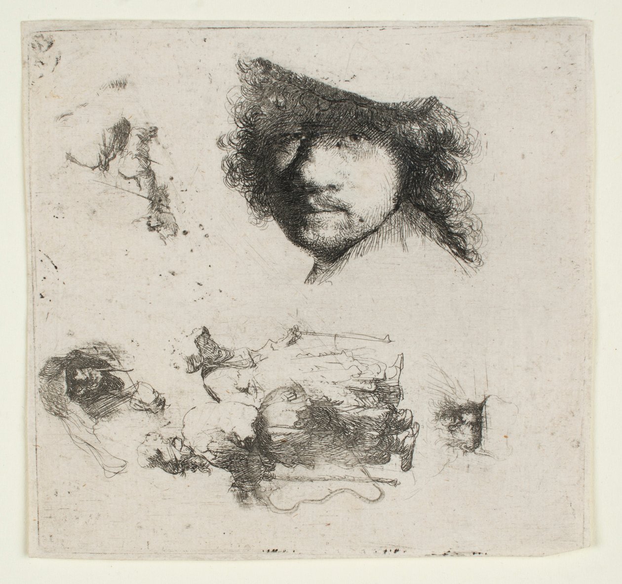 Studieteckningar: Konstnärens huvud, ett tiggerpar, huvuden av en gammal man och en gammal kvinna m.m. av Rembrandt van Rijn