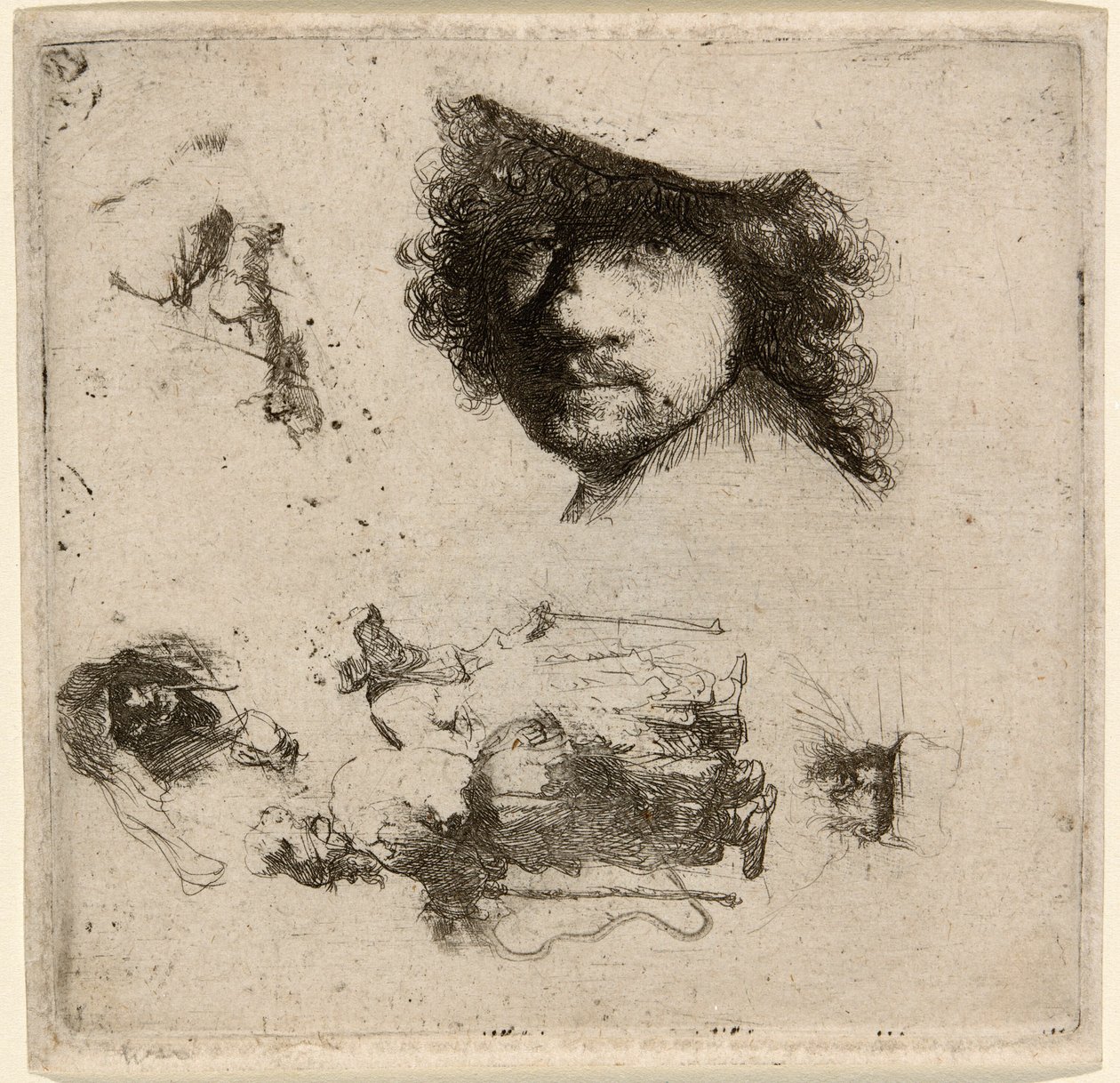 Studieblad: Chef för konstnären, ett tiggarpar, chefer för en gammal man och en gammal kvinna, etc. av Rembrandt van Rijn