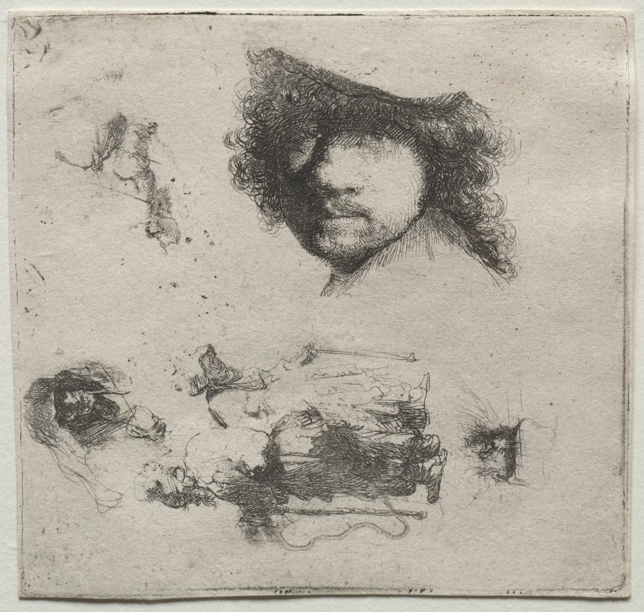 Studieark: Självporträtt, ett tiggarpar, etc. av Rembrandt van Rijn