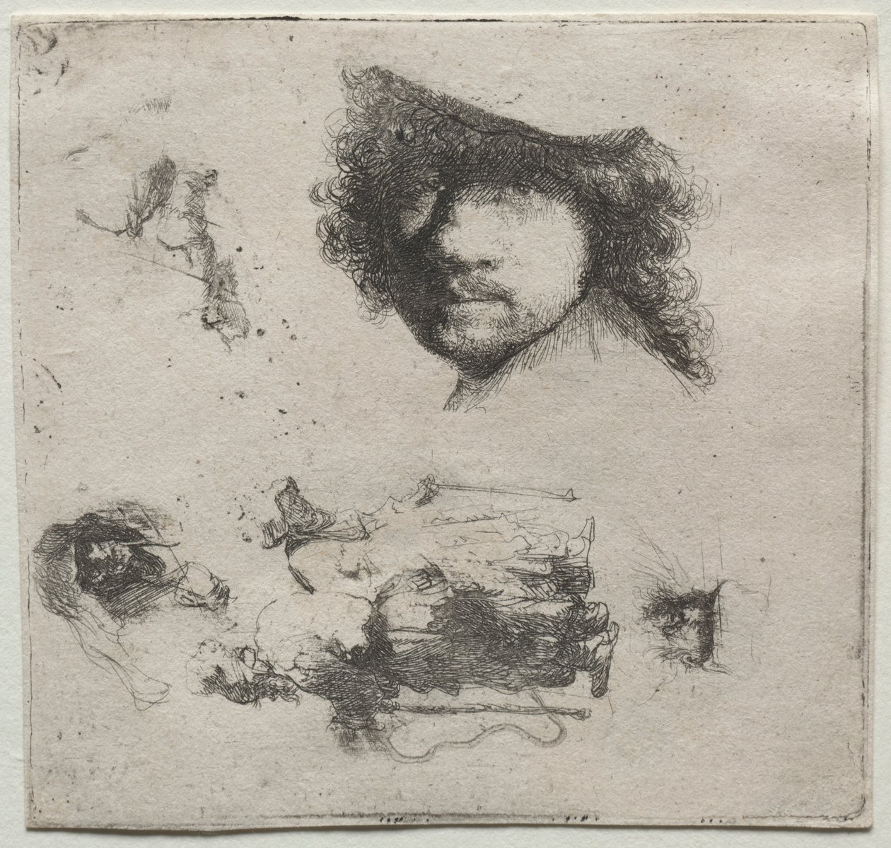 Studieark: Självporträtt, ett tiggarpar, etc., c. 1632. av Rembrandt van Rijn