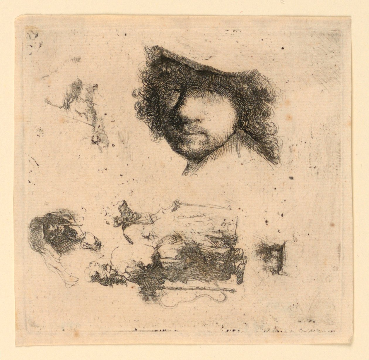 Studieblad: Självporträtt, ett tiggarpar, huvuden på en gammal man och en gammal kvinna, etc. av Rembrandt van Rijn