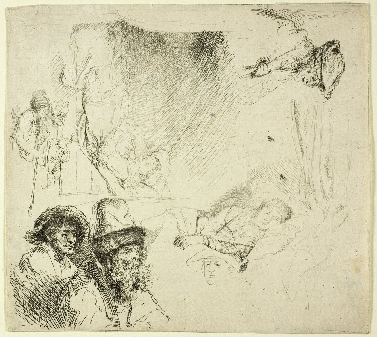 Studieark, med en kvinna som ligger sjuk i sängen av Rembrandt van Rijn