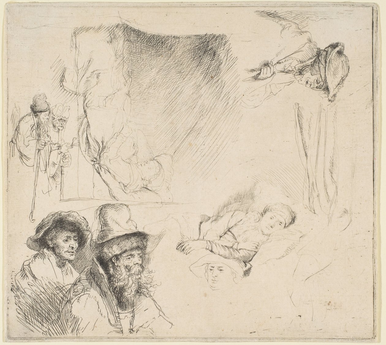 Studieark med en kvinna som ligger sjuk i sängen, etc., ca. 164142. av Rembrandt van Rijn