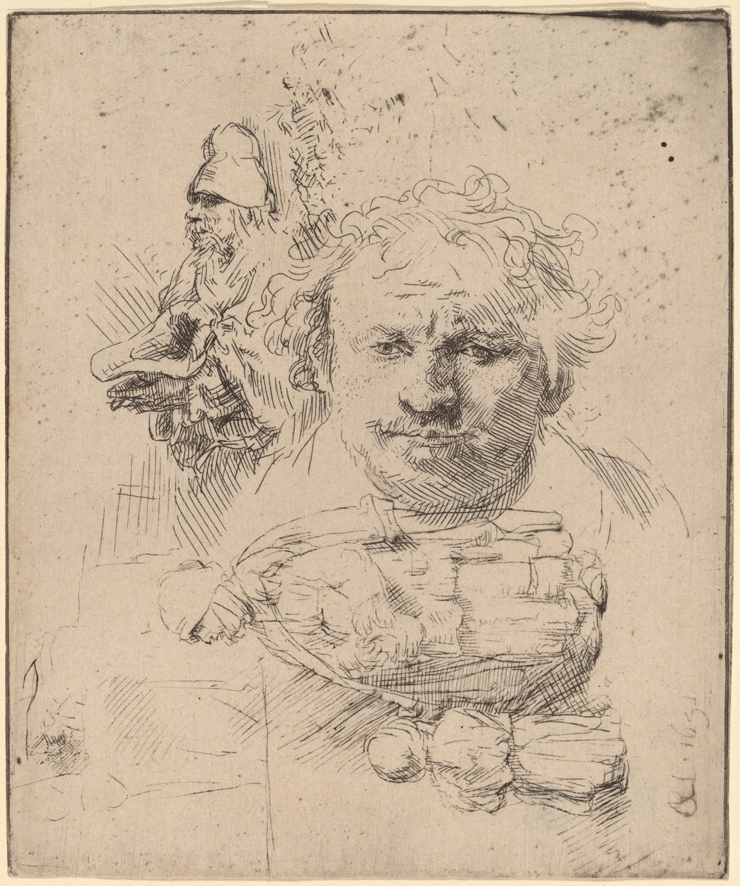 Studieark med chefen för konstnären, en tiggarman och kvinna och barn av Rembrandt van Rijn