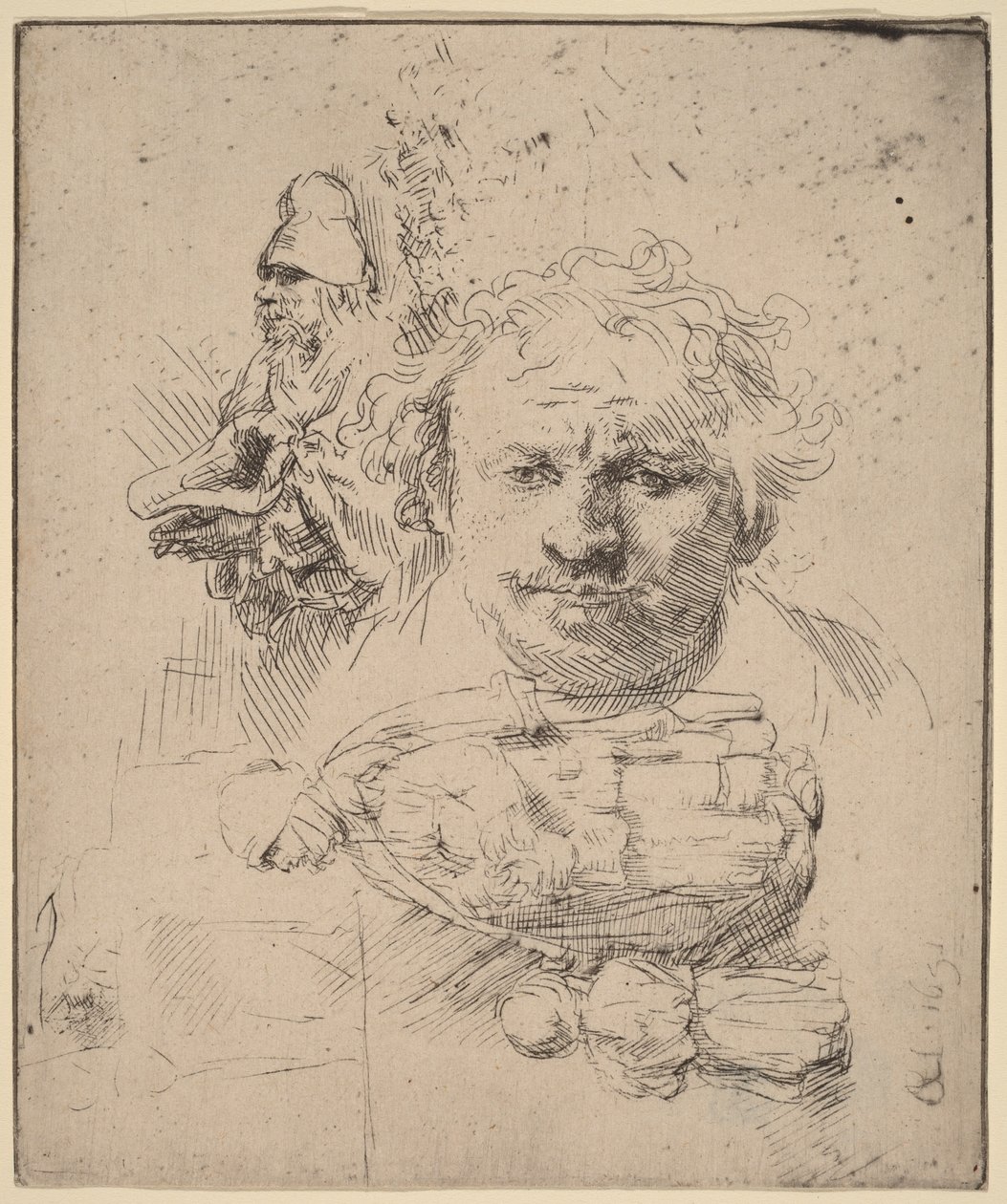 Teckningsark med konstnärens huvud, en tiggare samt en kvinna och ett barn av Rembrandt van Rijn