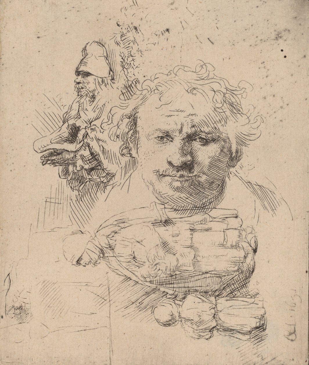 Studieark med chefen för konstnären, en tiggarman och kvinna och barn, 1651. av Rembrandt van Rijn