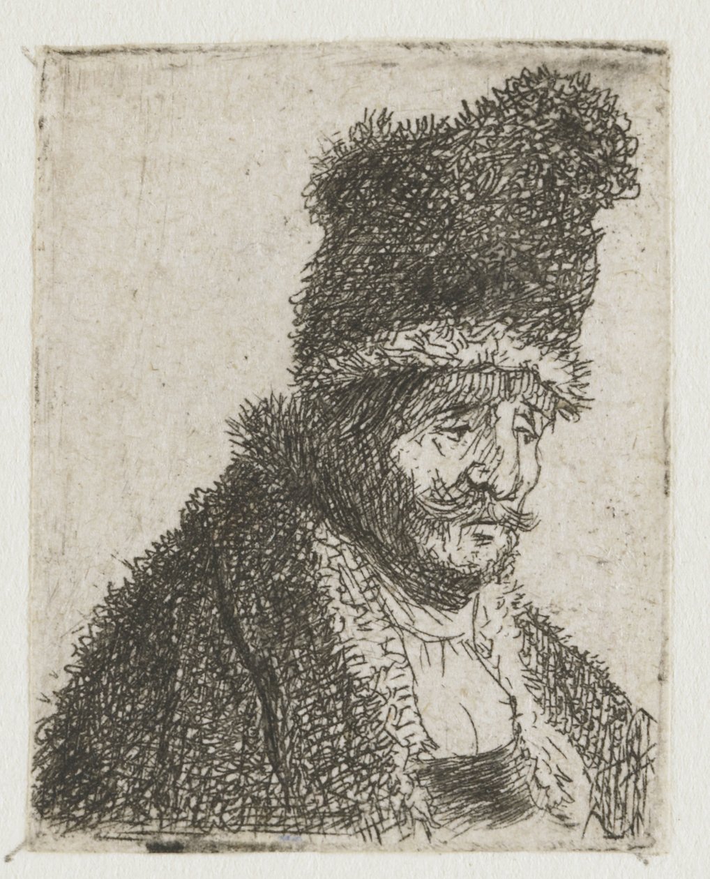 Samling av studier av mäns huvuden: en äldre man i pälsrock och hög mössa av Rembrandt van Rijn
