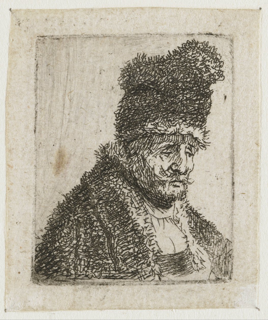 Samling av studier av mäns huvuden: en äldre man i pälsrock och hög mössa av Rembrandt van Rijn