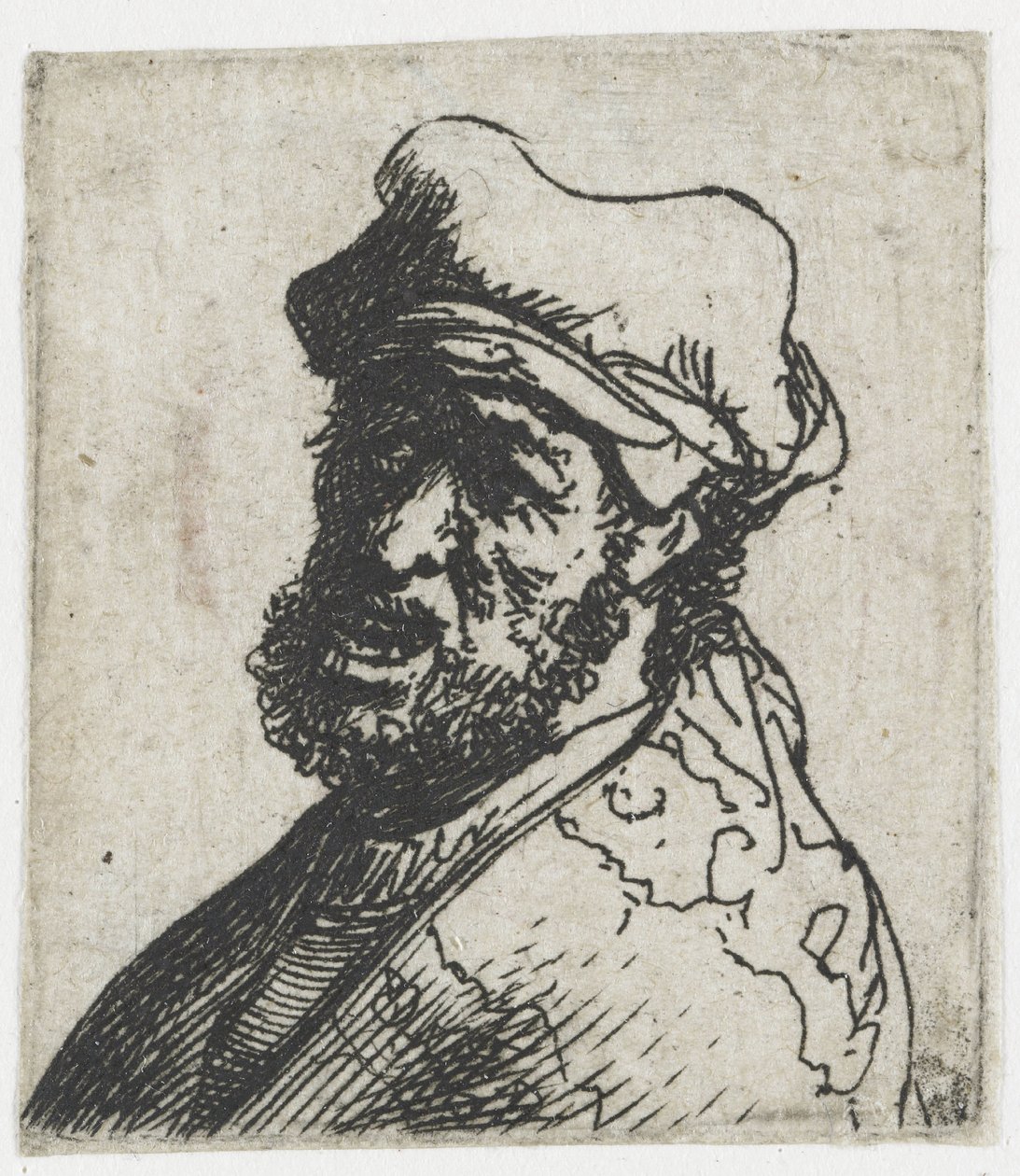 Samling av studier av mäns huvuden: man som ropar, trekvartsprofil åt vänster: byst av Rembrandt van Rijn