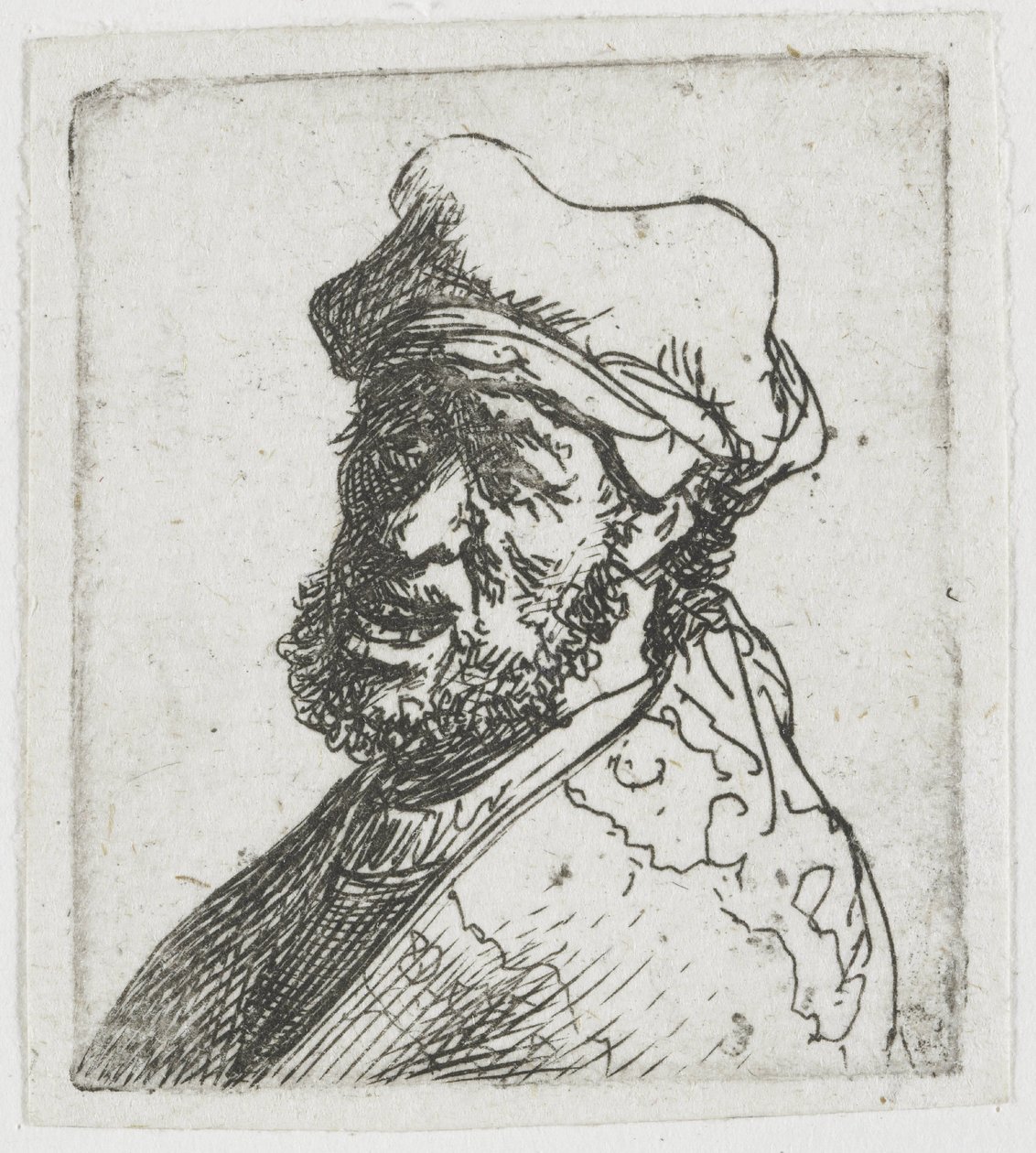 Samling av studier av mäns huvuden: man som ropar, trekvartsprofil åt vänster: byst av Rembrandt van Rijn