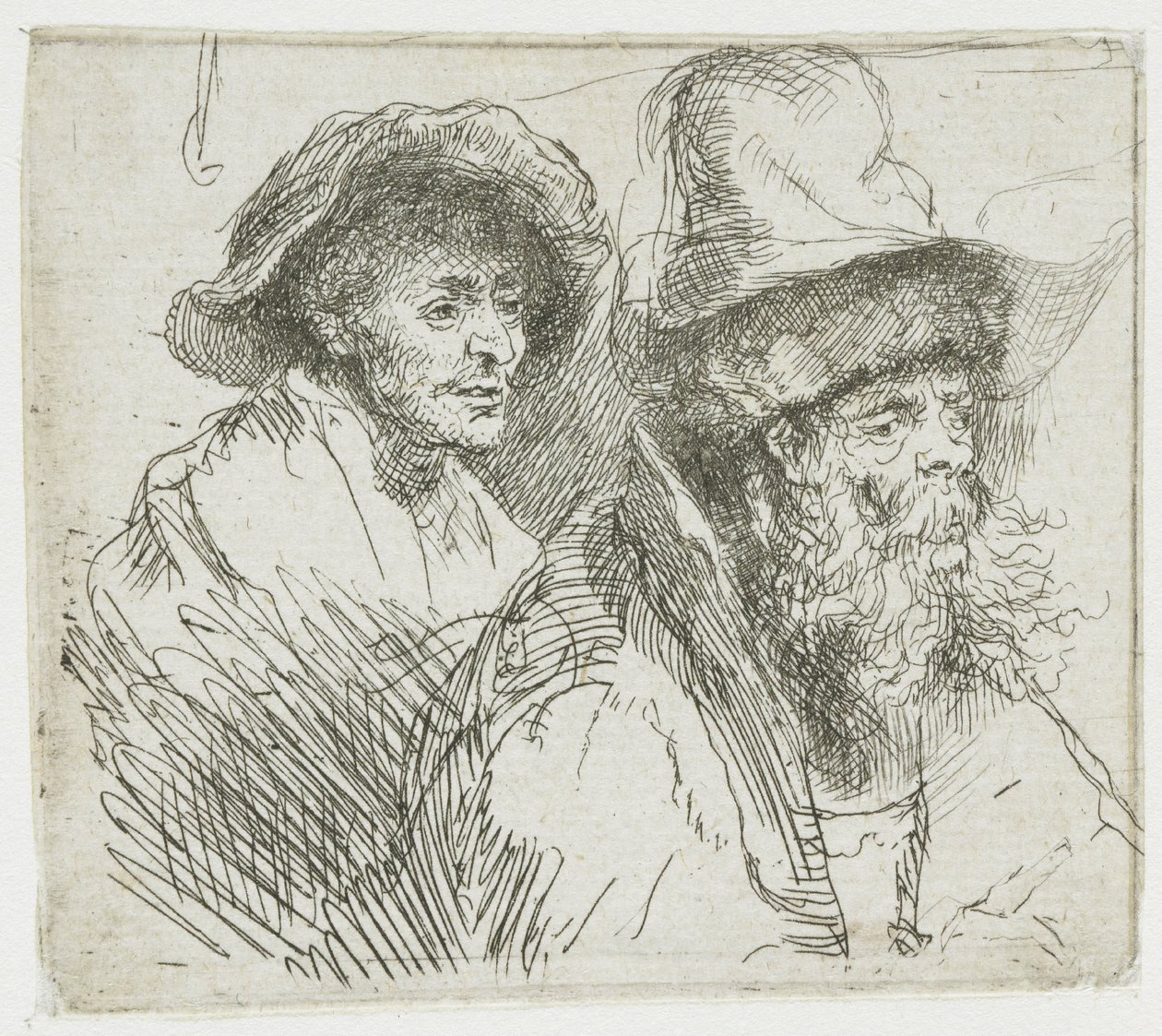 En serie studier, där en kvinna ligger sjuk i sängen: byster av två manliga figurer av Rembrandt van Rijn