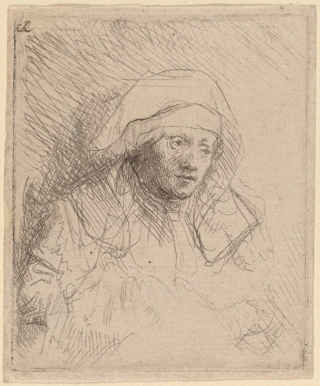 Sjuk kvinna med en stor vit huvudbonad (Saskia) av Rembrandt van Rijn