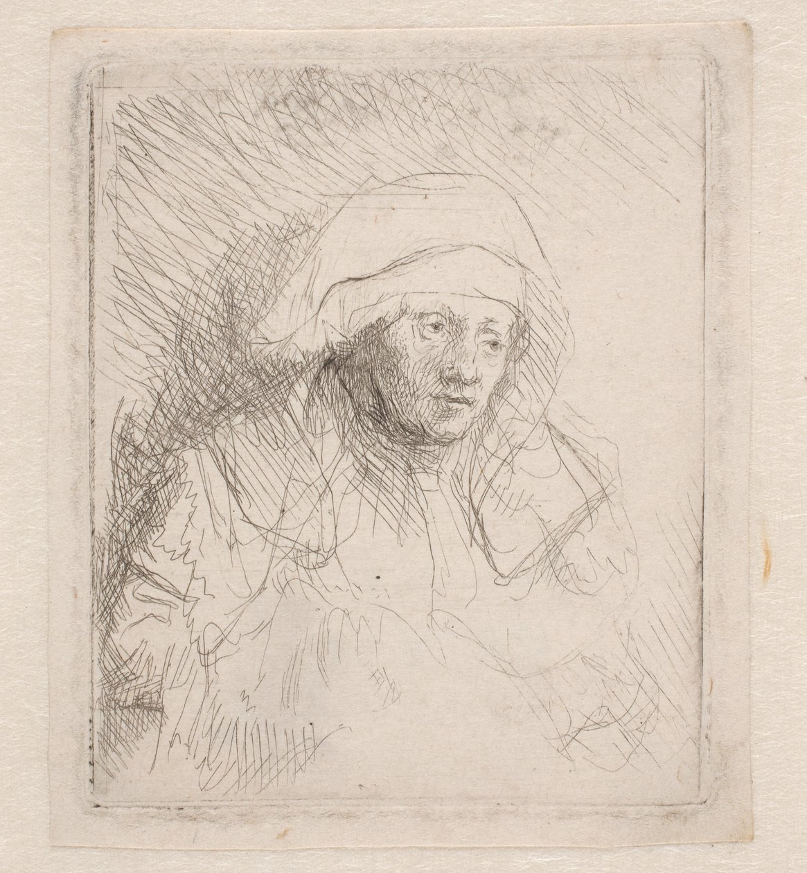 Sjuk kvinna med en stor vit huvudbonad (Saskia) av Rembrandt van Rijn