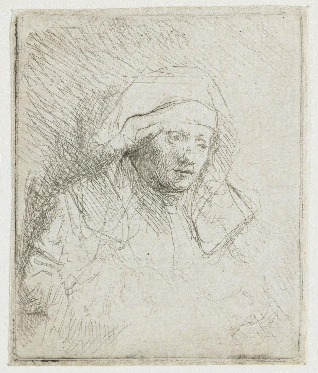 En sjuk kvinna med en stor vit huvudbonad (Saskia) av Rembrandt van Rijn