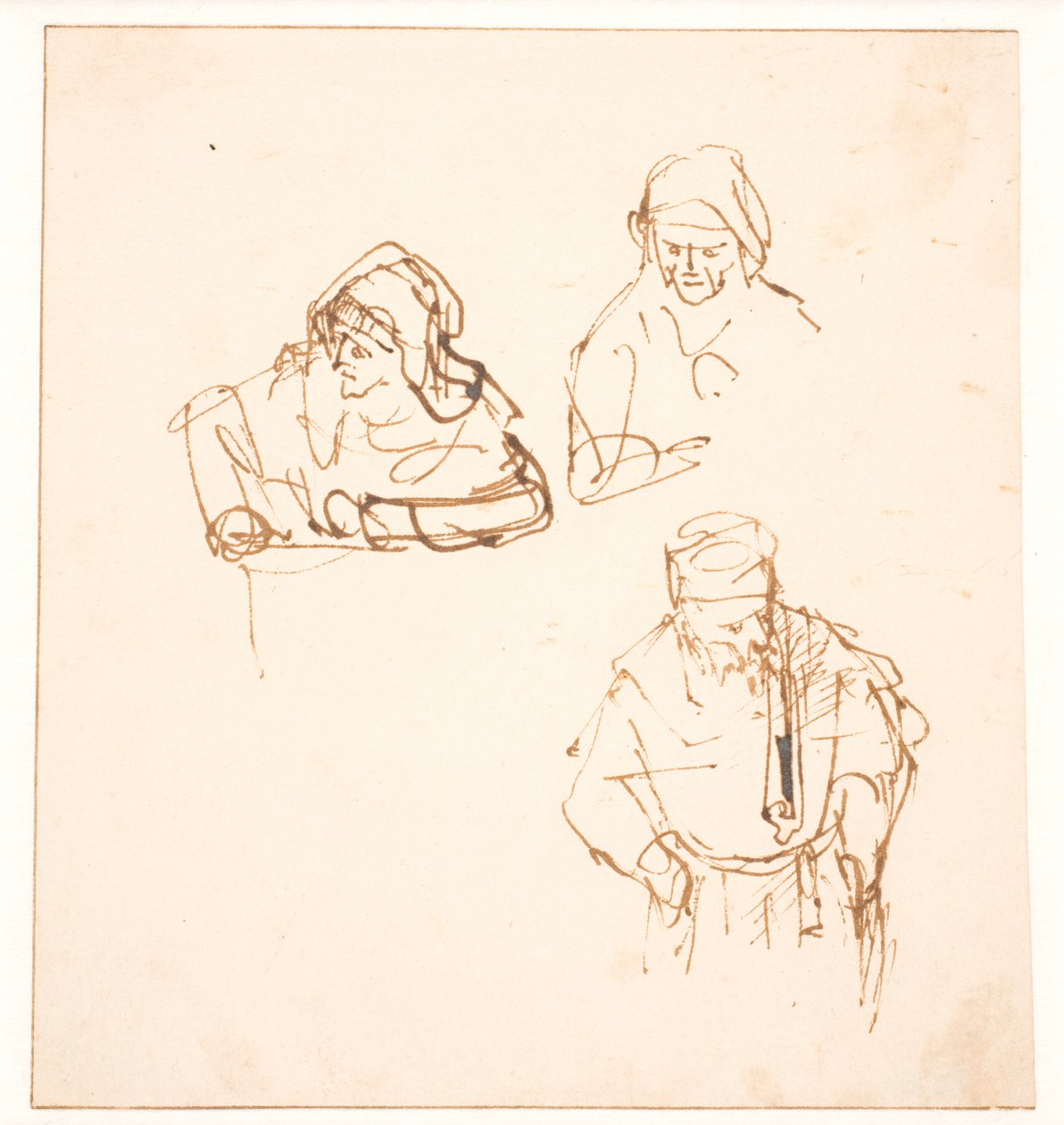 Skiss med två studier av en kvinna och en studie av en man av Rembrandt van Rijn
