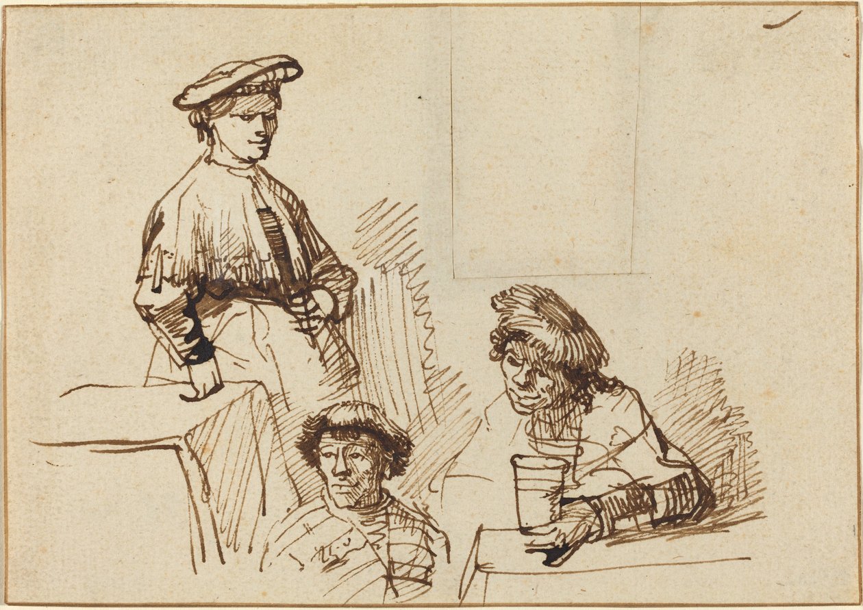 Skisser från en krog: kvinna stående och två män sittande av Rembrandt van Rijn