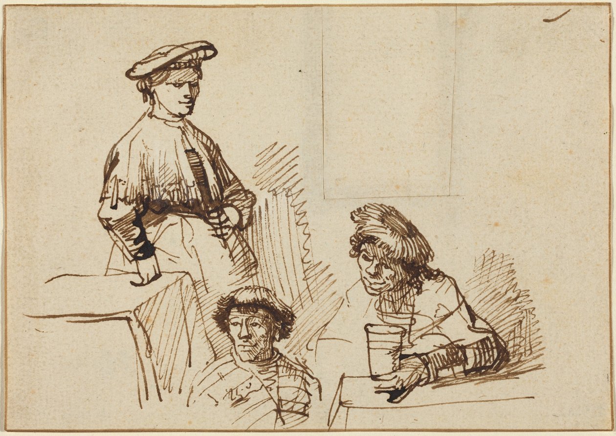 Skisser från en krog: En stående kvinna och två sittande män av Rembrandt van Rijn