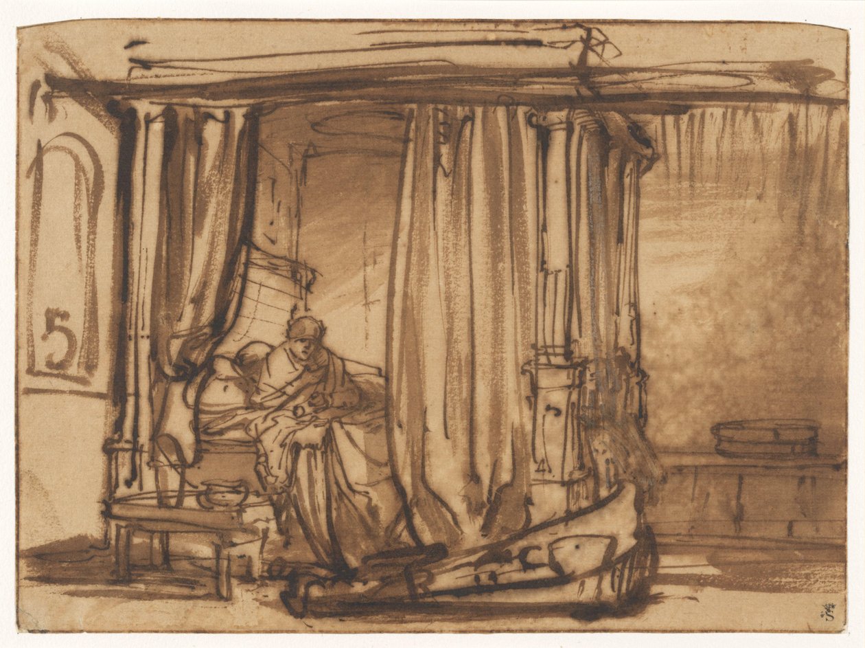 Sovrum där Saskia sitter i en himmelssäng av Rembrandt van Rijn